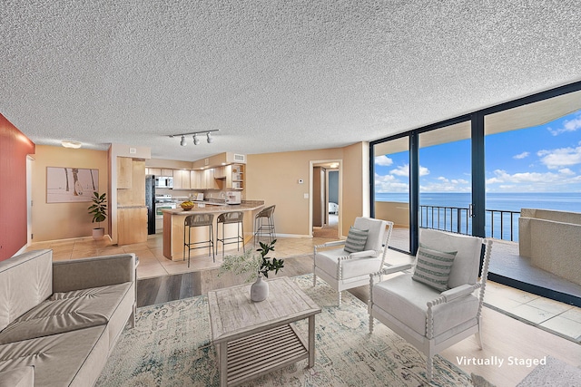 tiled living room with rail lighting, a water view, and sink