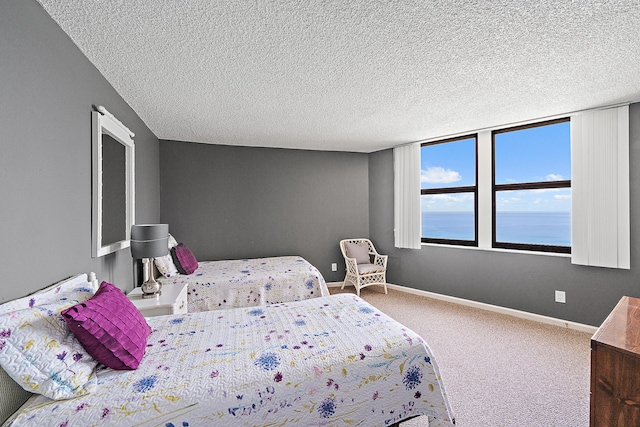 carpeted bedroom featuring a textured ceiling and a water view