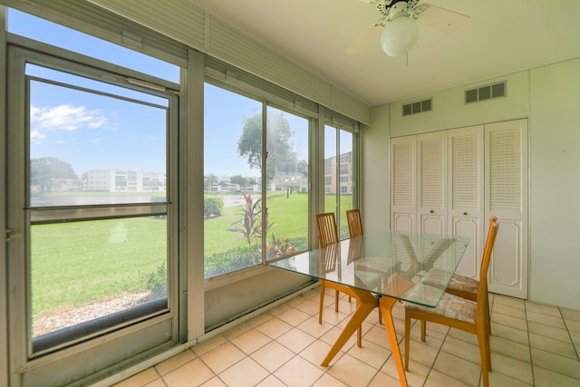 sunroom / solarium featuring a healthy amount of sunlight, a water view, and ceiling fan