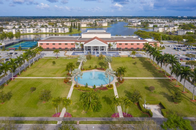 aerial view featuring a water view