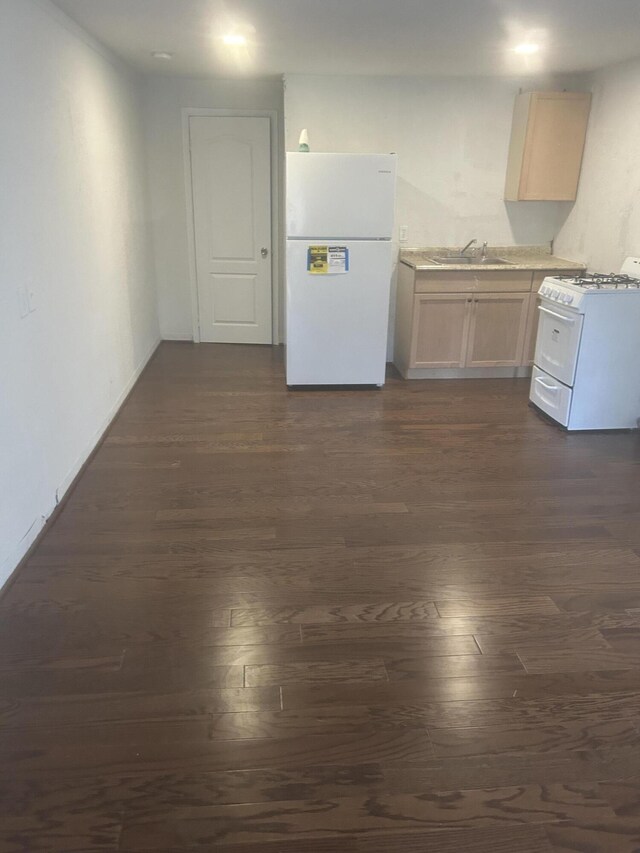 interior space featuring sink, dark wood-type flooring, and white fridge