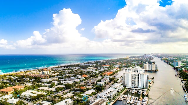 drone / aerial view featuring a water view