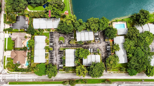 aerial view featuring a water view