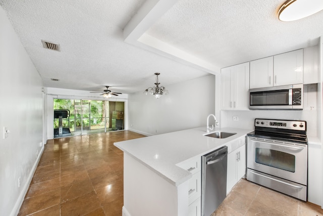 kitchen with white cabinetry, kitchen peninsula, appliances with stainless steel finishes, and sink