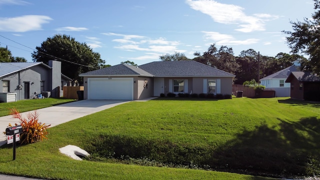 ranch-style home featuring a garage and a front lawn