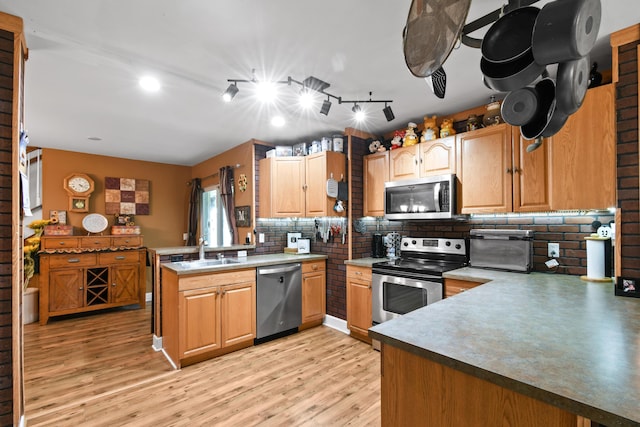 kitchen featuring kitchen peninsula, appliances with stainless steel finishes, backsplash, light hardwood / wood-style flooring, and sink