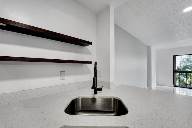 interior details with a textured ceiling and sink