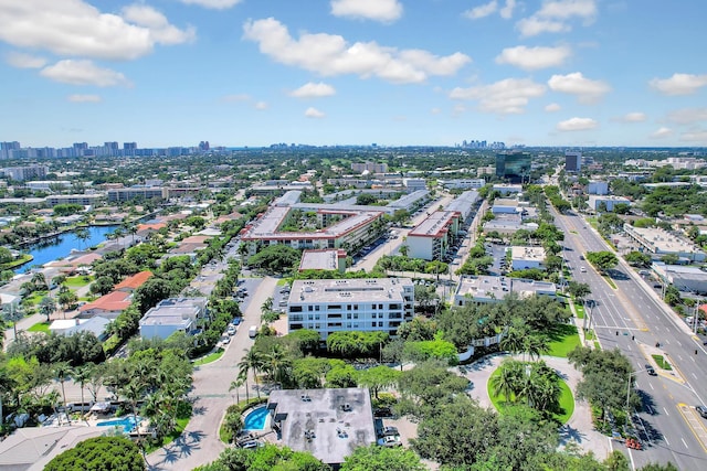 bird's eye view with a water view