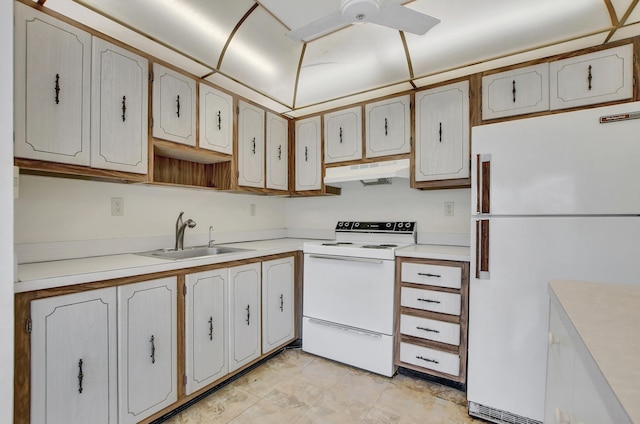 kitchen featuring white appliances, sink, and ceiling fan