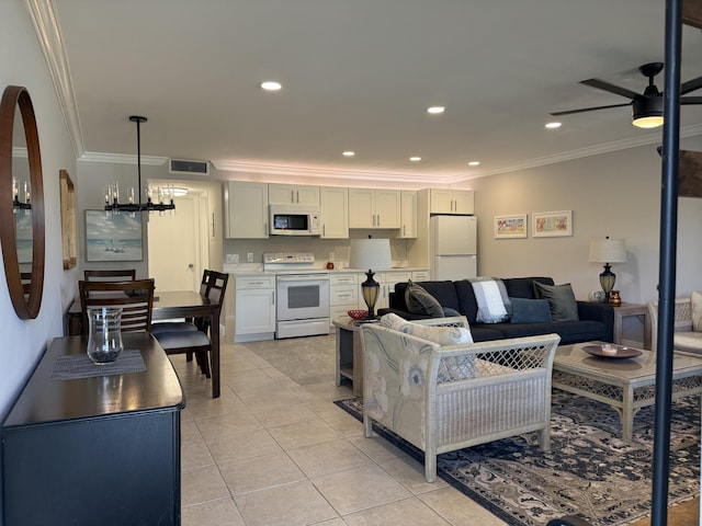 living room with crown molding, visible vents, light tile patterned flooring, recessed lighting, and ceiling fan with notable chandelier