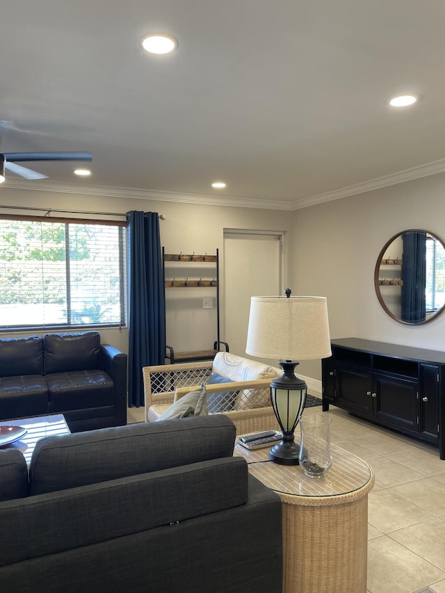 living area with light tile patterned floors, ornamental molding, recessed lighting, and ceiling fan