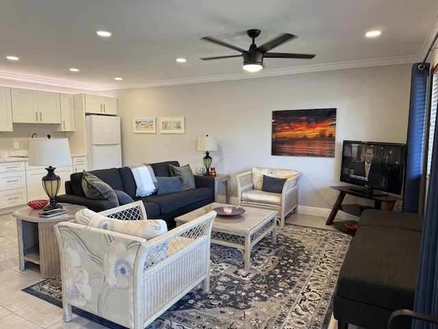 living area featuring recessed lighting, ornamental molding, ceiling fan, and light tile patterned floors