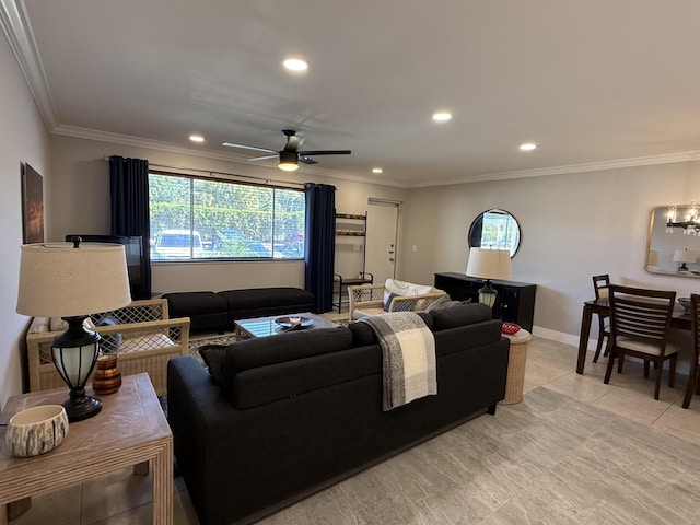 living room featuring recessed lighting, crown molding, ceiling fan with notable chandelier, and a wealth of natural light