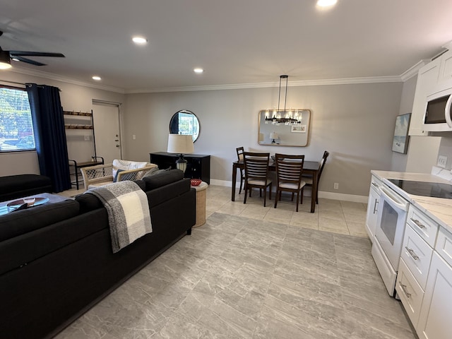 living room featuring crown molding, recessed lighting, ceiling fan, and baseboards