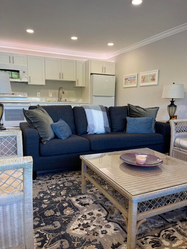 living room with sink and crown molding