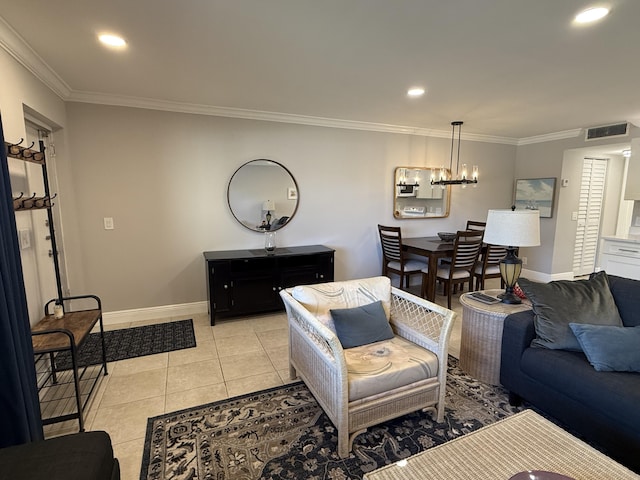 living room featuring crown molding, visible vents, light tile patterned flooring, baseboards, and recessed lighting