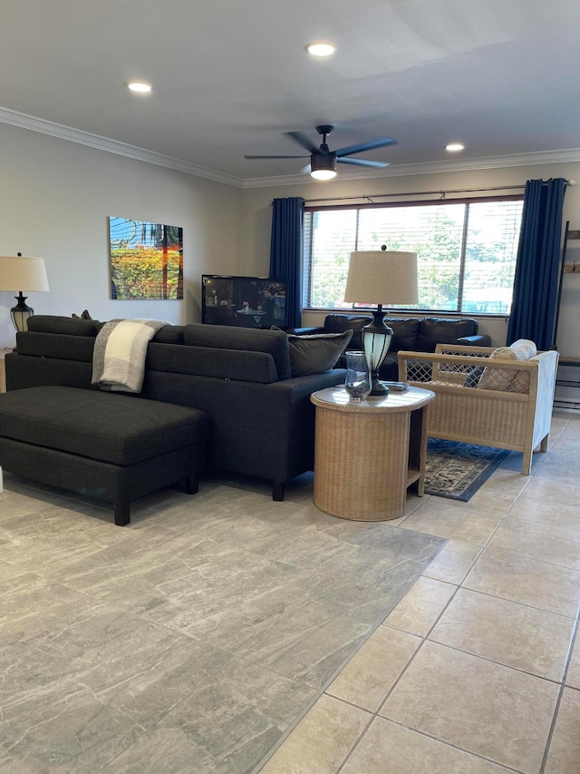 living room with crown molding, light tile patterned floors, and ceiling fan