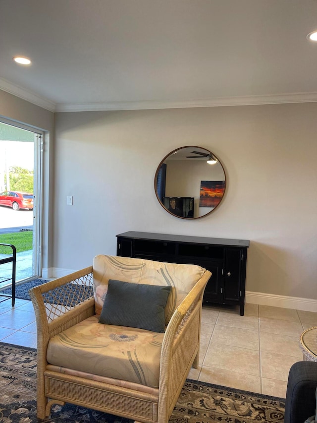 tiled living room featuring ornamental molding