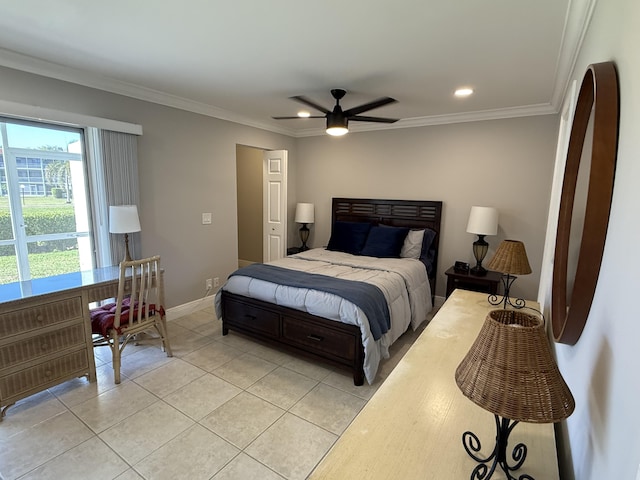 bedroom with a ceiling fan, crown molding, light tile patterned floors, baseboards, and recessed lighting