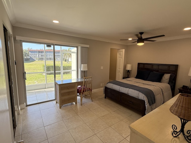 bedroom with access to outside, recessed lighting, baseboards, light tile patterned floors, and ornamental molding