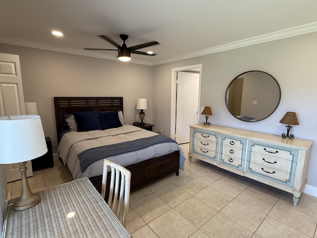 bedroom with crown molding, recessed lighting, a ceiling fan, and light tile patterned floors