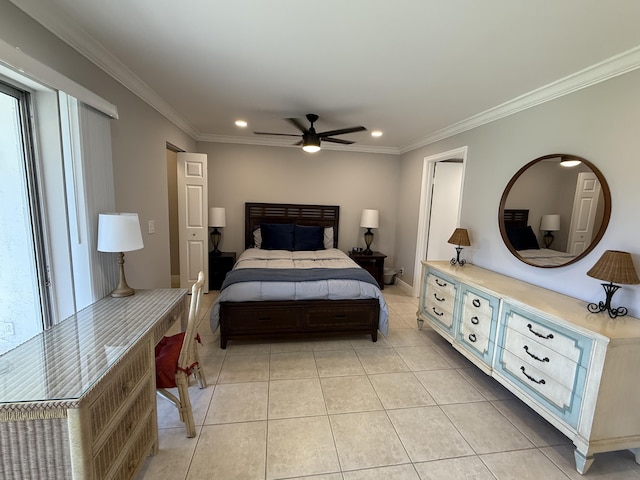 bedroom with crown molding, light tile patterned flooring, baseboards, recessed lighting, and a ceiling fan