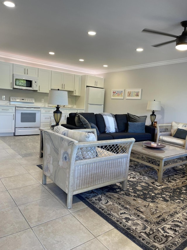 living room featuring a ceiling fan, recessed lighting, ornamental molding, and light tile patterned flooring