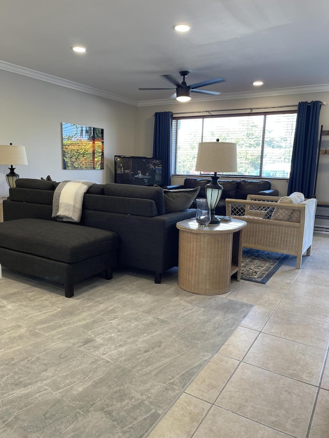 living room featuring light tile patterned floors, ornamental molding, a ceiling fan, and recessed lighting