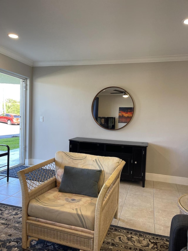 living area with crown molding, baseboards, recessed lighting, and light tile patterned flooring