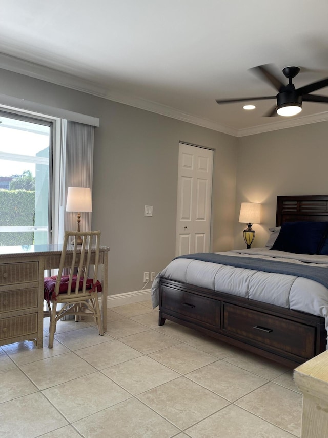 bedroom with crown molding, baseboards, ceiling fan, recessed lighting, and light tile patterned floors