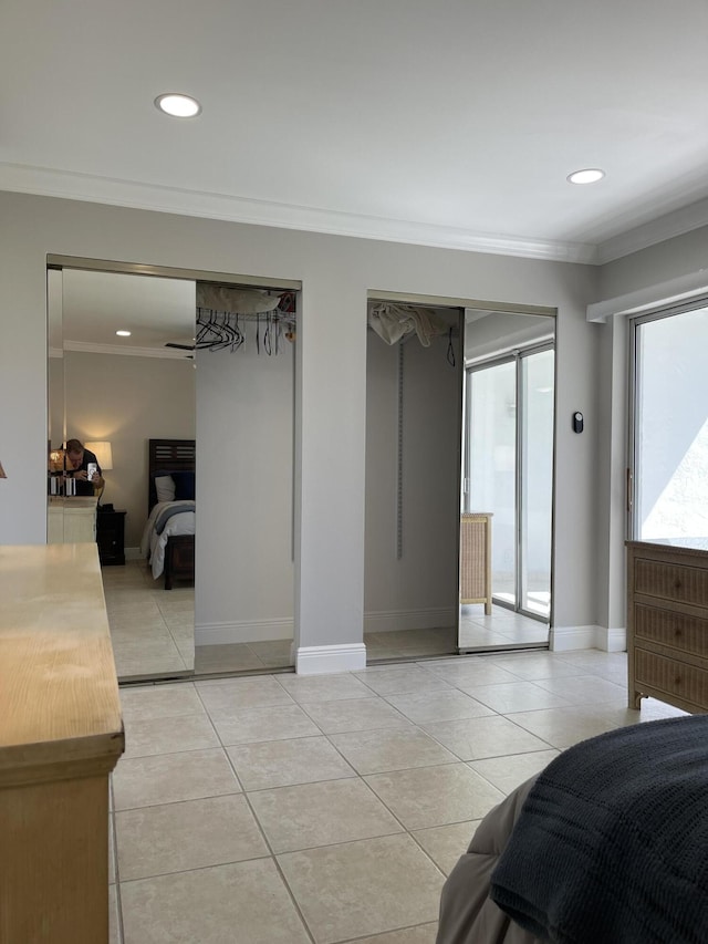 bedroom featuring recessed lighting, ornamental molding, baseboards, and light tile patterned flooring