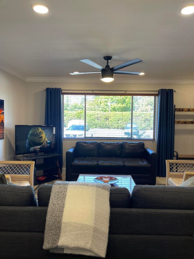 living room featuring ornamental molding, ceiling fan, and a healthy amount of sunlight