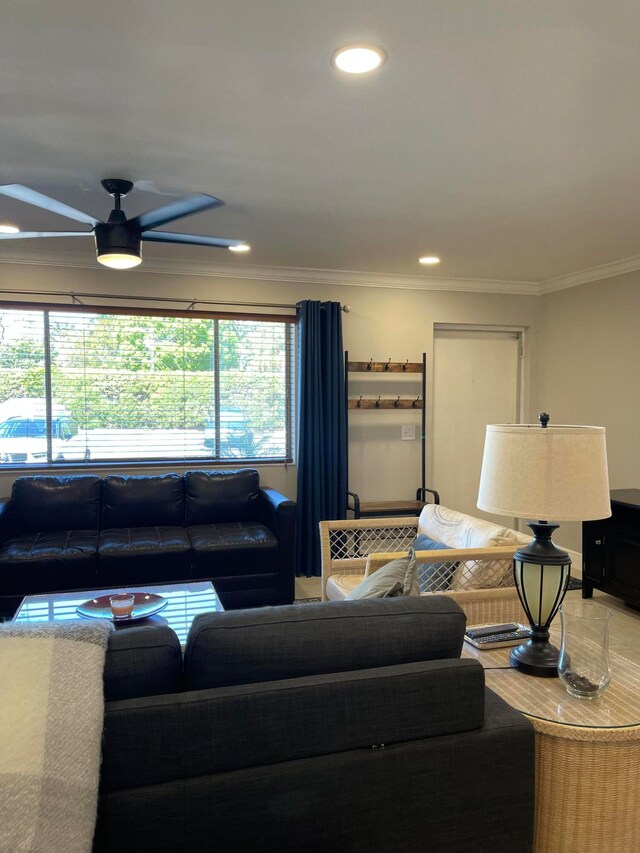 living room featuring crown molding and ceiling fan