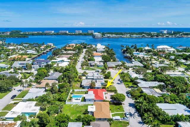 bird's eye view featuring a water view