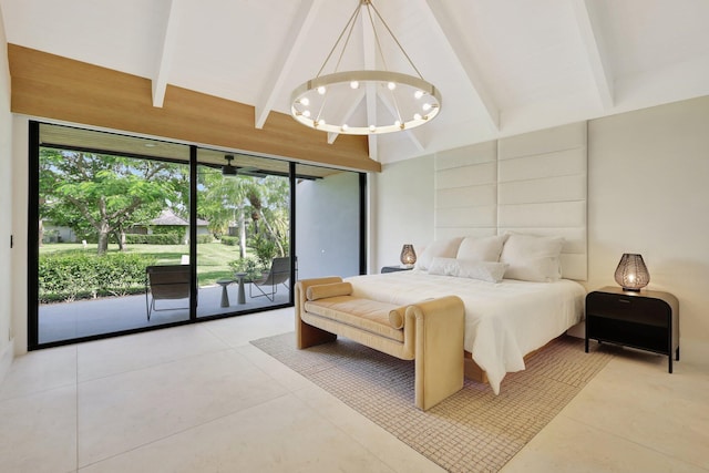 bedroom with access to outside, beamed ceiling, an inviting chandelier, and light tile patterned floors