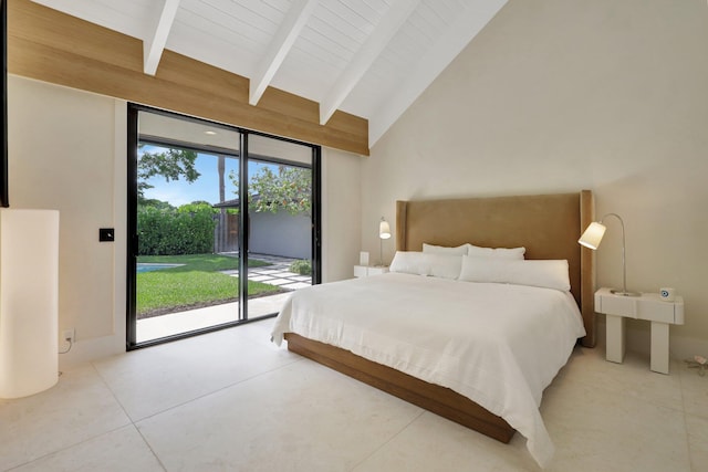 bedroom featuring wood ceiling, vaulted ceiling with beams, and access to outside