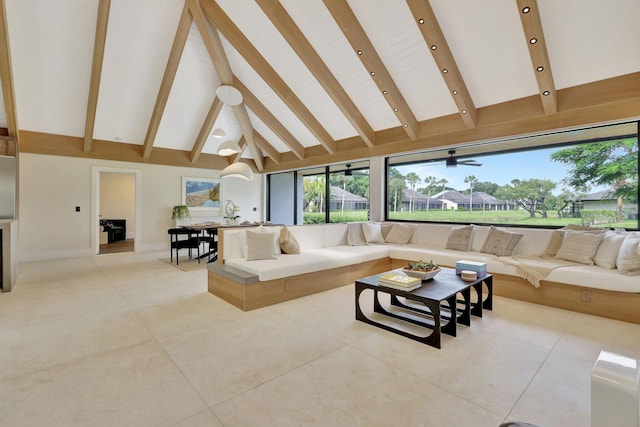 11880 Pebblewood Dr, Wellington, FL 33414 - sunken living room featuring high vaulted ceiling, beamed ceiling, light tile patterned floors, and baseboards