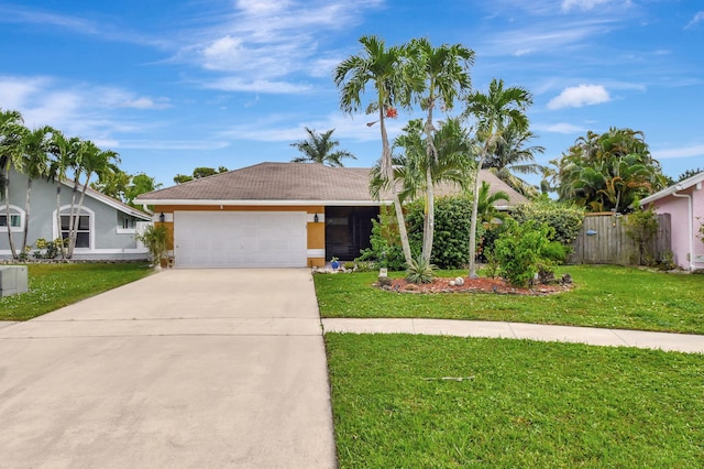 ranch-style house with a front yard and a garage