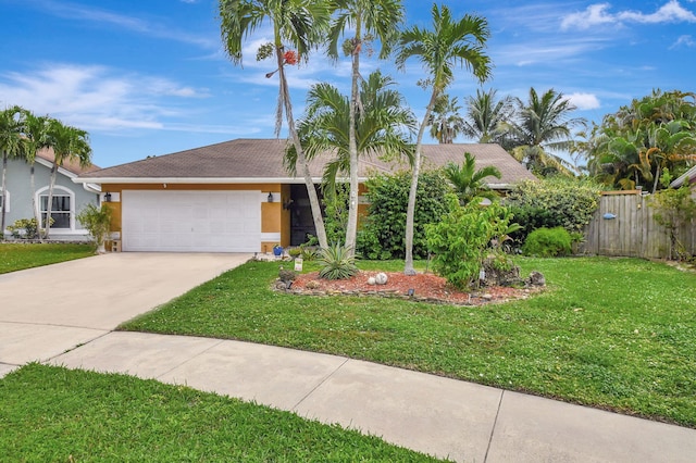 view of front of property with a garage and a front lawn