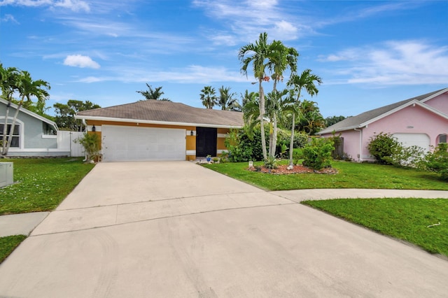 ranch-style home with a front lawn and a garage