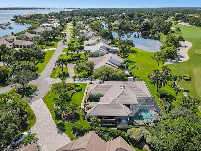 drone / aerial view with a water view