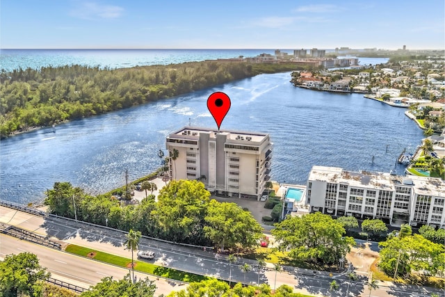 aerial view featuring a water view