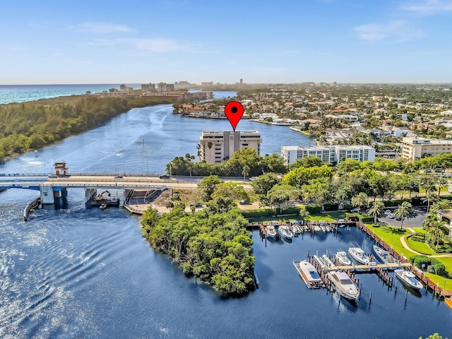 drone / aerial view featuring a water view