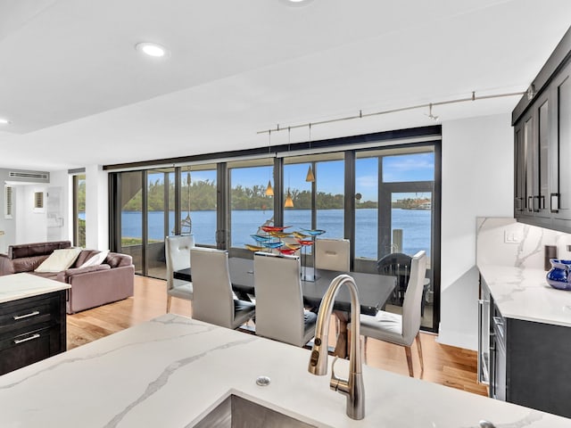 dining space featuring plenty of natural light, light hardwood / wood-style floors, and a water view