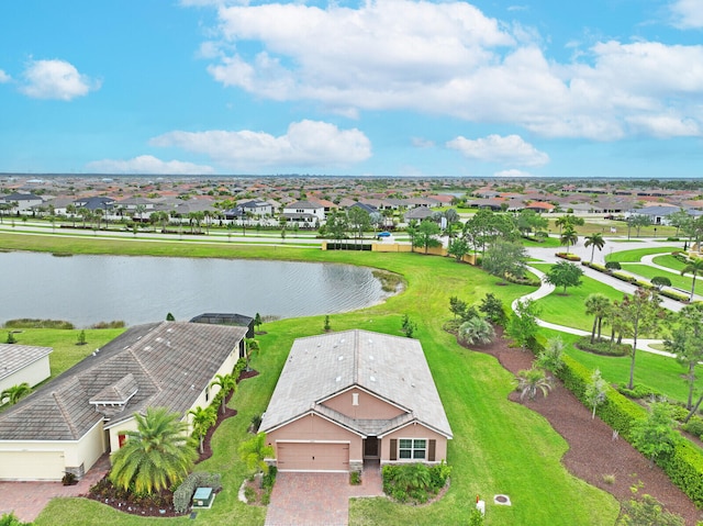 bird's eye view with a water view