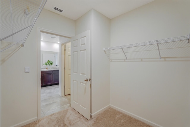 spacious closet with light colored carpet