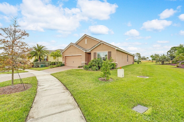 ranch-style house with a front lawn and a garage