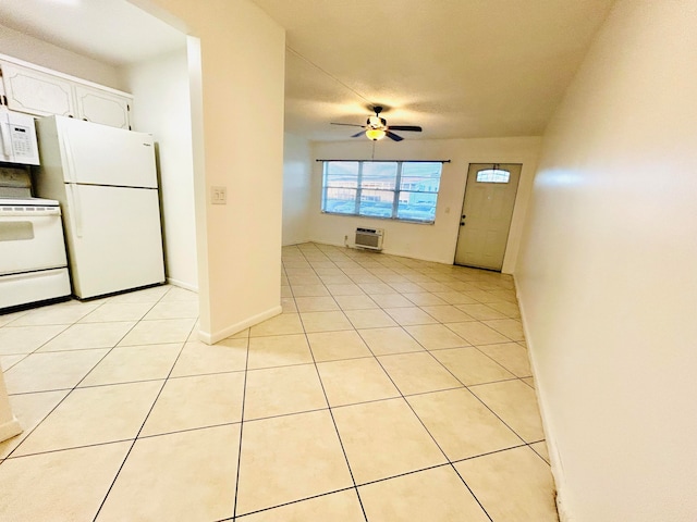 kitchen featuring ceiling fan, light tile patterned floors, white cabinets, and white appliances