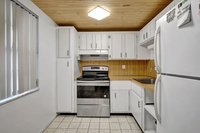 kitchen featuring stainless steel electric stove, white cabinetry, wooden ceiling, sink, and white refrigerator