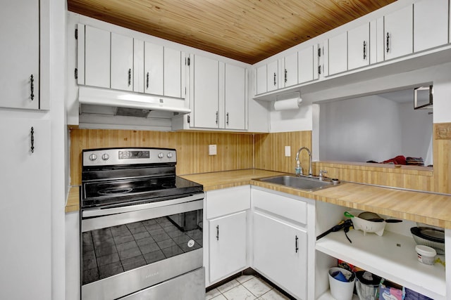 kitchen with white cabinetry, wood ceiling, stainless steel electric range, and sink